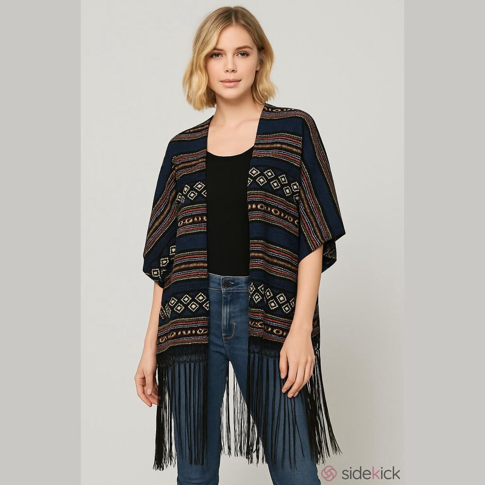 Retro Blue Red Gold Striped Aztec Boho Striped Open Front Fringe Shawl Top OS